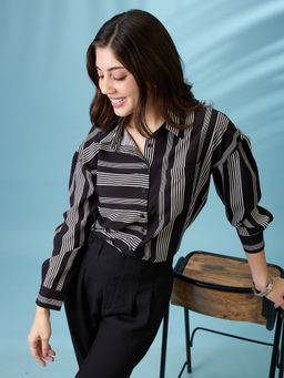 Globus - Black Vertical and Horizontal Stripes Oversized Shirt Style Top