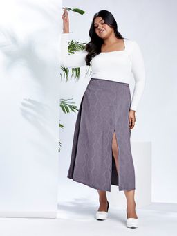 Globus - Gloplus Women Grey Mid-Rise Self Design Bohemian Front Slit Plus Size A-Line Midi Skirt