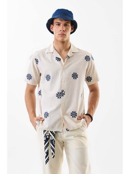 Snitch - Men Beige Polyester Blend Embroidered Shirt