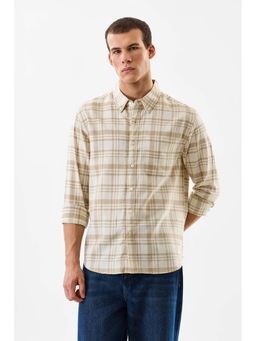 Snitch - Men Beige Cotton Linen Blend Checks Shirt