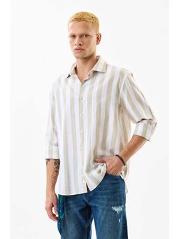 Snitch - Men Beige Cotton Linen Blend Stripes Shirt