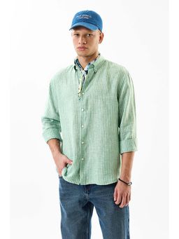 Snitch - Men Green Linen Stripes Shirt