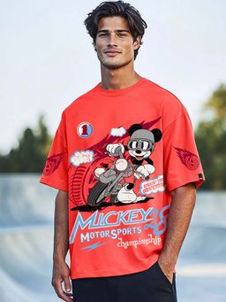 Bewakoof - Heavy Duty 1.0 Official Disney Men's Fiesta Red Mickey Graphic Printed Oversized T-shirt