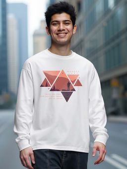 Bewakoof - Men's White Wander Geometry Graphic Printed Oversized T-shirt