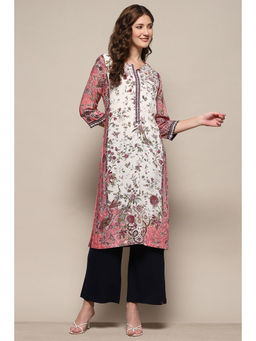 Biba - Pink & White Rayon Floral Printed Straight Kurta