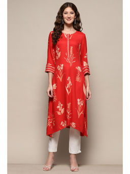 Biba - Red Rayon Printed Asymmetric Kurta