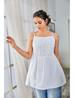 Biba - White Cotton Embroidered Gathered Kurti