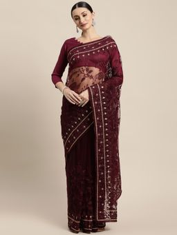 VAIRAGEE - Burgundy Floral Embroidered Net Saree with Unstitched Blouse