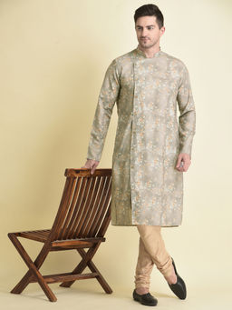TABARD - Ethnicwear Grey Cotton Printed Long Sleeves Mandarin Kurta for Men
