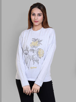 Club York - Women's Grey Melange Full Sleeve Front Embroidery Round Neck Sweatshirt