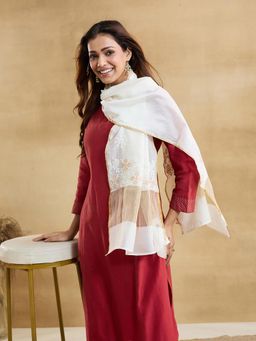 Fabindia - White Natural Cotton Silk Blend Embroidered Chikankari Stole