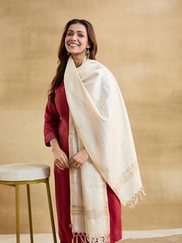 Fabindia - Off White Natural Silk Blend Woven Stole