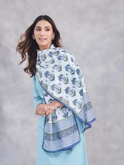 Fabindia - White Natural Floral Hand Block Printed Viscose Stole