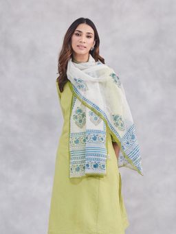 Fabindia - Blue-White Floral Hand Block Printed Cotton Silk Stole