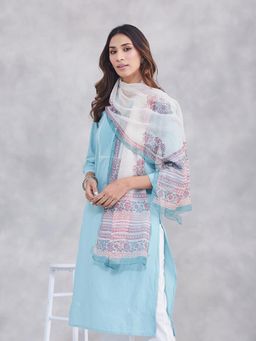 Fabindia - Pink-White Floral Hand Block Printed Cotton Silk Stole