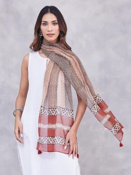 Fabindia - Red-Beige Block Printed Cotton Silk Stole
