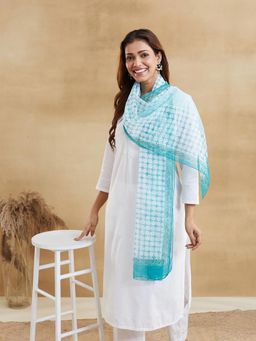 Fabindia - Turquoise Cotton Silk Floral Hand Block Printed Stole