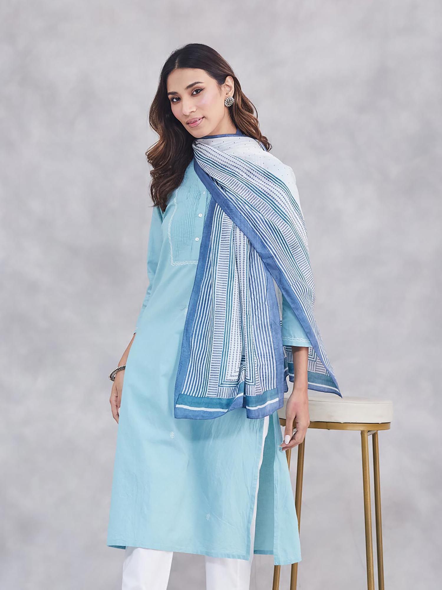 fabindia White-Blue Stripes Hand Block Printed Natural Viscose Stole-picture-13