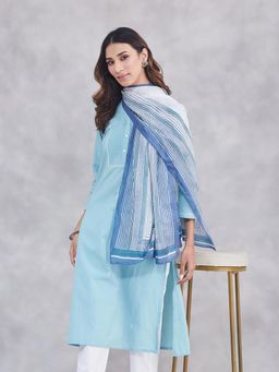 Fabindia - White-Blue Stripes Hand Block Printed Natural Viscose Stole