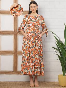 Moms Maternity - Women Floral Print Rayon Orange Maternity Dress