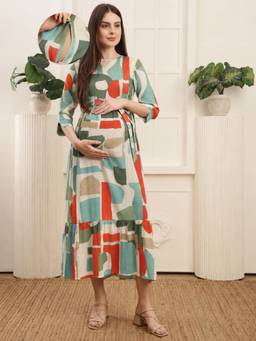Moms Maternity - Women Abstract Print Cotton Green Colour Maternity Dress