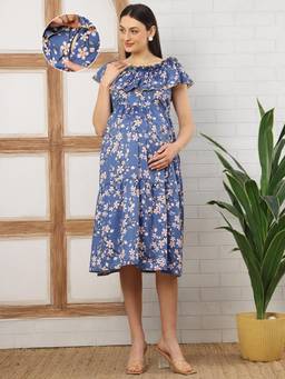 Moms Maternity - Women Floral Print Crepe Blue Colour Ruffled Round Neck Dress