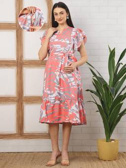 Moms Maternity - Women Abstract Print Crepe Pink Colour V Neck Dress