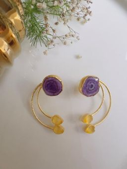 XAGO - Gold Toned Purple And Yellow Contemporary Shaped Drop Earrings