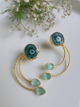 XAGO - Gold Toned Green And Blue Contemporary Shaped Drop Earrings
