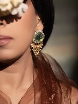 XAGO - Lavanya Green Stone And Pearl Drop Earrings