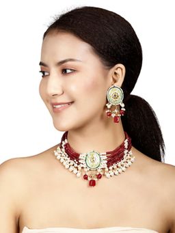 XAGO - Vrinda Maroon Beads and Pearls Kundan Necklace Set
