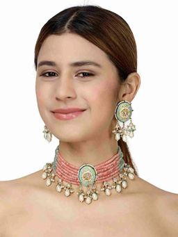 XAGO - Elaxi Green And Pink Beads and White Pearls Kundan Necklace Set