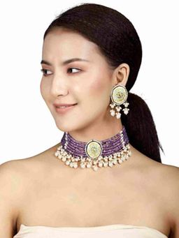 XAGO - Laasya Purple Beads and White Pearls Kundan Necklace Set