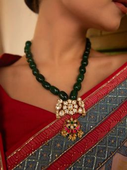 XAGO - Sunehri Sheesh Necklace With Green Beads and Polki Moissanite Pendant