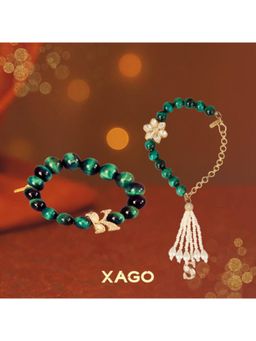 XAGO - Vivaan and Sharvani Polki Motif Rakhi and Lumba With Green Beads Rakshabandhan