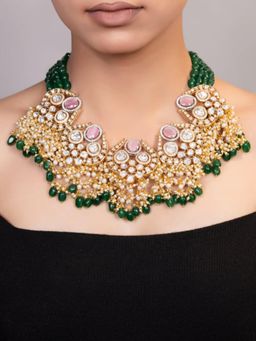 XAGO - Le Delyth Gold Plated Green Beads And Moissanite Studded Necklace