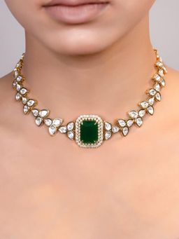 XAGO - Le Keya Gold Plated Green Bead And Kundan Studded Necklace