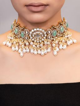 XAGO - Le Senna Gold Plated Sea Green Beads And Moissanite Studded Necklace