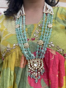 XAGO - Le Manuel Sea Green Beads and White Kundan Long Necklace Set