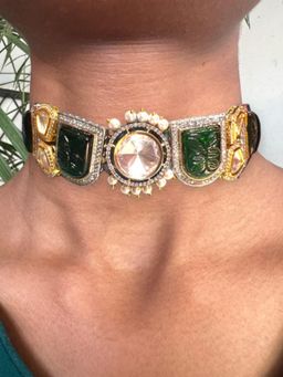 XAGO - Le Adora Gold Plated Green Kundan Studded Necklace