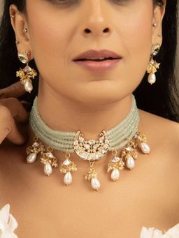 XAGO - Laasya Green Beads White Polki And Pearl Necklace Set