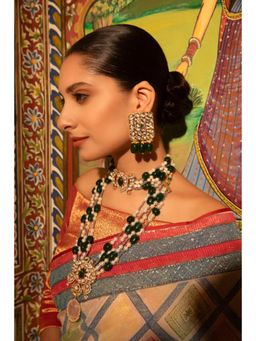 XAGO - Panna Jharna Long Necklace Set With Polki Moissanite, Emerald Beads and Pearls