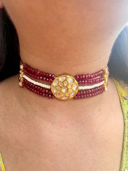 XAGO - Le Elena Maroon Beads and White Kundan Necklace Set