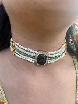 XAGO - Le Luis Blue Gold Plated Green And White Moissanite Studded Necklace