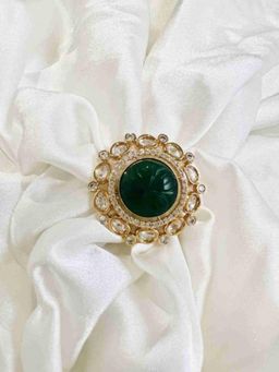XAGO - Anupama Polki Green American Diamond And Carved Stone Ring