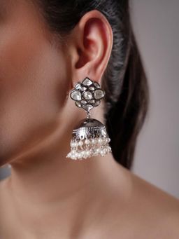 XAGO - Le Amila Silver-Toned Floral Shaped Jhumka Earrings
