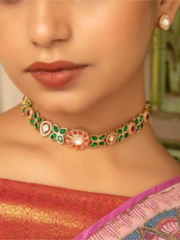 XAGO - Gulab Gharana Polki Moissanite Choker Necklace Set With Emerald and Ruby Accents