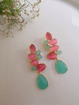 XAGO - Le Sirena Gold Toned Pink And Blue Contemporary Shaped Drop Earrings