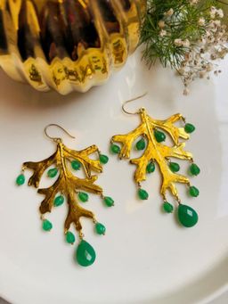 XAGO - Gold Toned Green Contemporary Shaped Drop Earrings