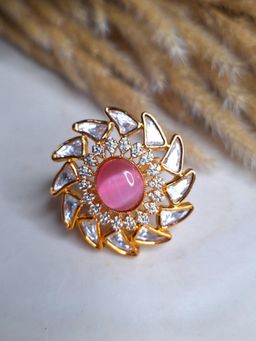 XAGO - Shobhana Kundan Ring Studded With American Diamond And Pink Stone